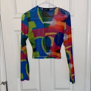 AKIRA Blue Red Long Sleeve Graphic Blouse